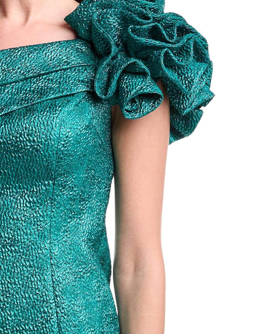 Teri Jon By Rickie Freeman Metallic Pebble Jacquard One- Shoulder Flower Ruffle