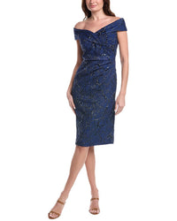 Teri Jon By Rickie Freeman Metallic Jacquard Portrait Side Ruched Dress