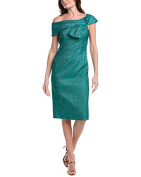 Teri Jon By Rickie Freeman Pebble Jacquard Asymmetrical Bow Shoulder Dress