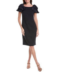 Teri Jon By Rickie Freeman Crepe Boatneck Satin Ruffle Shoulder Dress
