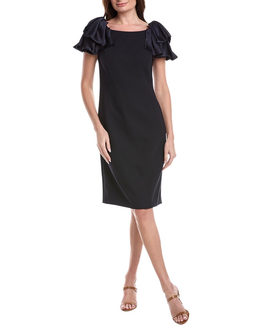 Teri Jon By Rickie Freeman Crepe Boatneck Satin Ruffle Shoulder Dress