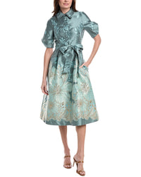Teri Jon By Rickie Freeman Metallic Jacquard Flower Border Print Puff Sleeve