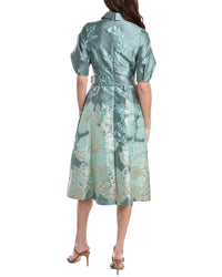 Teri Jon By Rickie Freeman Metallic Jacquard Flower Border Print Puff Sleeve