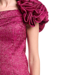 Teri Jon By Rickie Freeman Metallic Pebble Jacquard One Shoulder Flower Ruffle