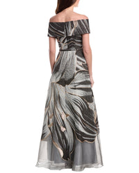 Teri Jon By Rickie Freeman Metallic Jacquard Off Shoulder A-Line Floral Gown