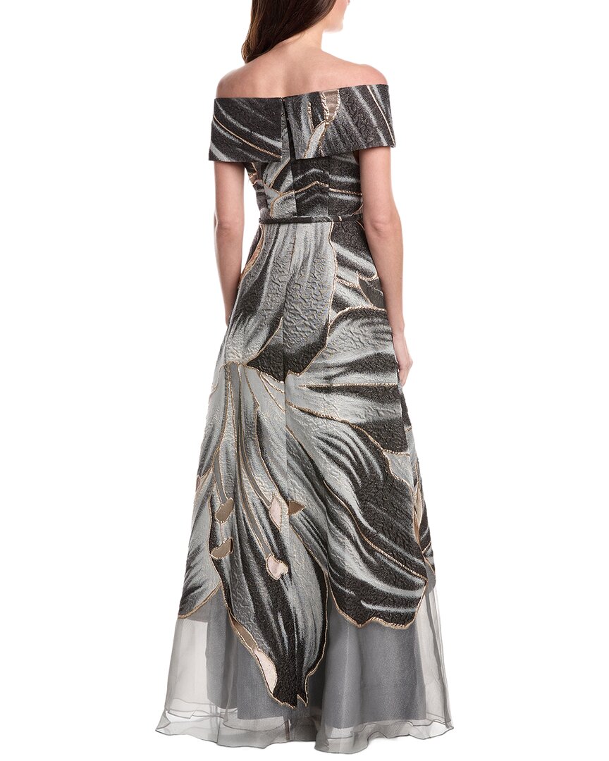 Teri Jon By Rickie Freeman Metallic Jacquard Off Shoulder A-Line Floral Gown