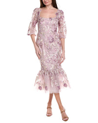 Marchesa Notte Puff Sleeve Midi Dress