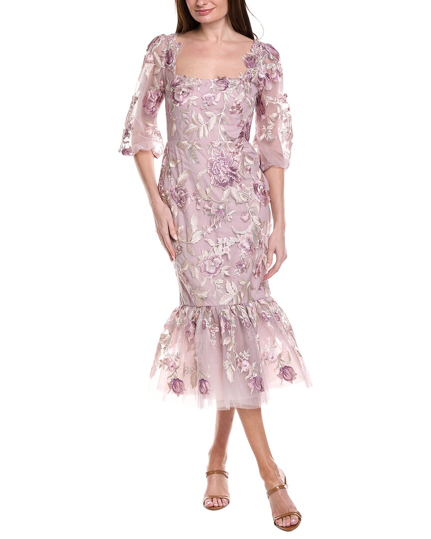 Marchesa Notte Puff Sleeve Midi Dress