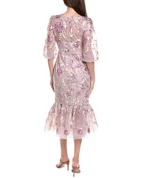 Marchesa Notte Puff Sleeve Midi Dress