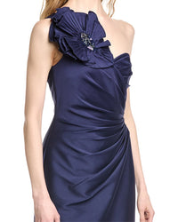 Badgley Mischka Side Drape Flower Shoulder Gown