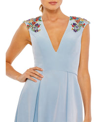 Mac Duggal Beaded Cap Sleeve V Neck A-Line Gown