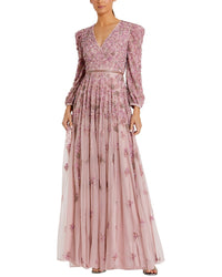Mac Duggal Beaded Mesh V Neck Puff 3/4 Sleeve A-Line Gown