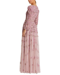 Mac Duggal Beaded Mesh V Neck Puff 3/4 Sleeve A-Line Gown