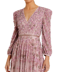 Mac Duggal Beaded Mesh V Neck Puff 3/4 Sleeve A-Line Gown