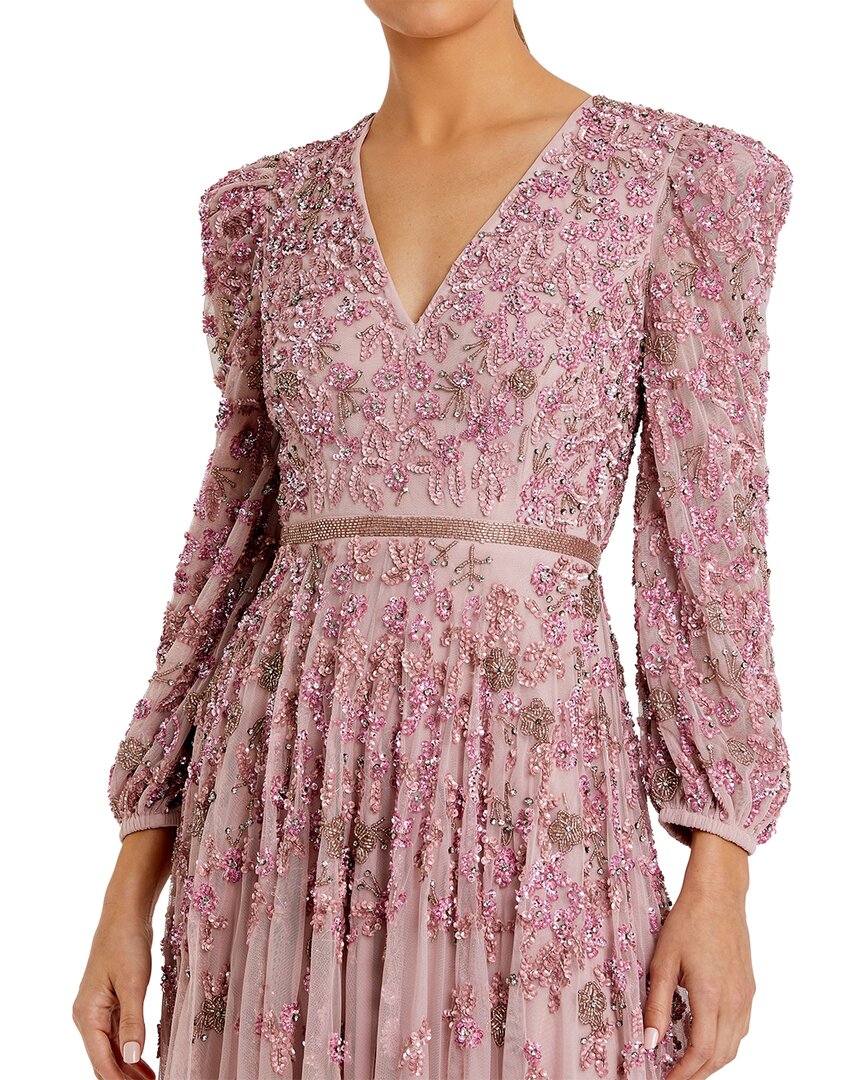Mac Duggal Beaded Mesh V Neck Puff 3/4 Sleeve A-Line Gown