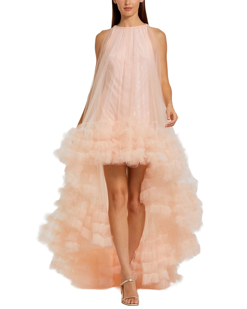 Mac Duggal Tulle High Neck Sleeveless Ruffled Hem Hi-Lo Gown