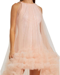 Mac Duggal Tulle High Neck Sleeveless Ruffled Hem Hi-Lo Gown