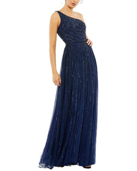 Mac Duggal Sequin Beaded Mesh One Shoulder A-Line Gown