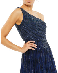 Mac Duggal Sequin Beaded Mesh One Shoulder A-Line Gown