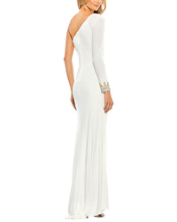 Mac Duggal One Sleeve Beaded Cuff Side Twist Gown