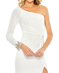Mac Duggal One Sleeve Beaded Cuff Side Twist Gown