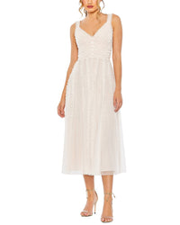 Mac Duggal Sleeveless V Neck Ruffle Tiered Midi Dress
