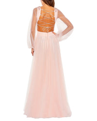 Mac Duggal Tulle Puff Sleeve Cut Out Lace Up A-Line Gown
