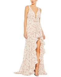 Mac Duggal Floral Print Sleeveless Ruffled High Low Gown