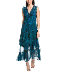 Marchesa Notte Pleated Chiffon V-Neck Maxi Dress
