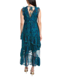 Marchesa Notte Pleated Chiffon V-Neck Maxi Dress