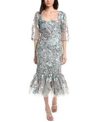 Marchesa Notte Puff Sleeve Midi Dress