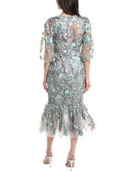 Marchesa Notte Puff Sleeve Midi Dress