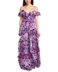 Marchesa Notte Off-The-Shoulder Ruffled Neckline Gown