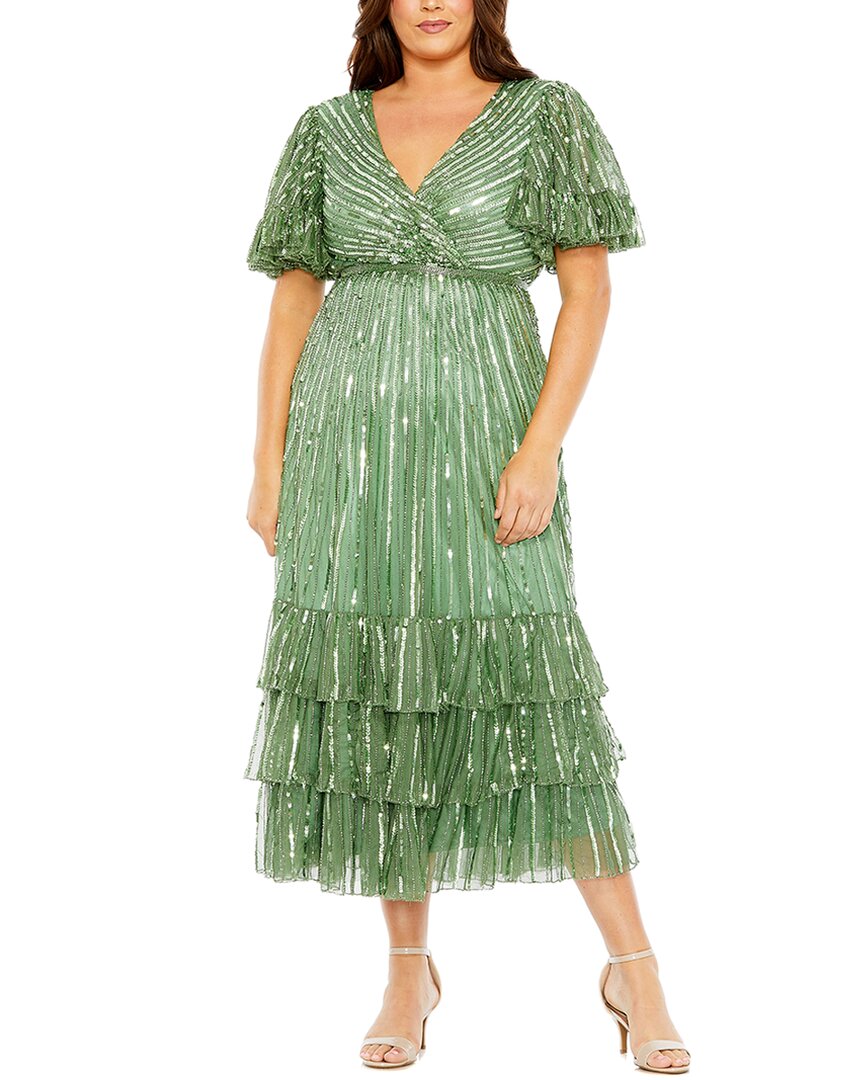 Mac Duggal Plus Sequin Faux Wrap Flutter Sleeve A-Line Dress