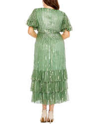 Mac Duggal Plus Sequin Faux Wrap Flutter Sleeve A-Line Dress