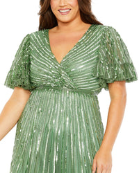 Mac Duggal Plus Sequin Faux Wrap Flutter Sleeve A-Line Dress