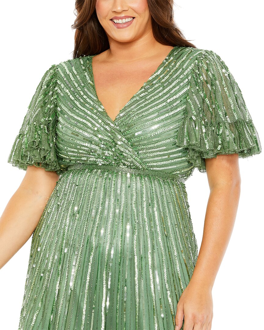 Mac Duggal Plus Sequin Faux Wrap Flutter Sleeve A-Line Dress