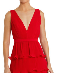 Mac Duggal Sleeveless Ruffle Tiered V Neck Gown