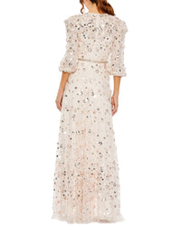 Mac Duggal Floral Beaded Mesh Puff Sleeve A Line Gown