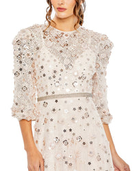 Mac Duggal Floral Beaded Mesh Puff Sleeve A Line Gown