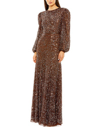 Mac Duggal Womens High Neck Bishop Sleeve Beaded A Line Gown, 10, Brown