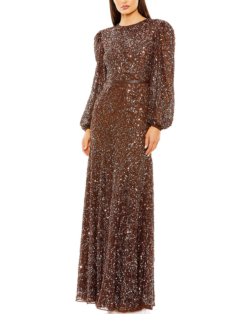 Mac Duggal Womens High Neck Bishop Sleeve Beaded A Line Gown, 10, Brown