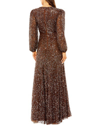 Mac Duggal Womens High Neck Bishop Sleeve Beaded A Line Gown, 10, Brown