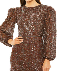Mac Duggal Womens High Neck Bishop Sleeve Beaded A Line Gown, 10, Brown