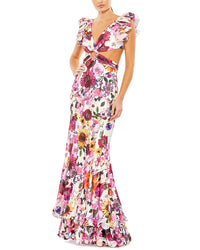 Mac Duggal Floral Print Ruffle Shoulder Cutt Out Gown