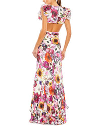 Mac Duggal Floral Print Ruffle Shoulder Cutt Out Gown