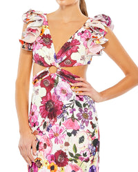 Mac Duggal Floral Print Ruffle Shoulder Cutt Out Gown