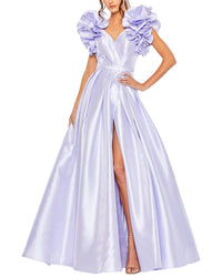 Mac Duggal Flutter Sleeve V Neck Front Slit Ball Gown