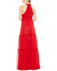 Mac Duggal Ruched Tiered High Neck Bow A Line Gown