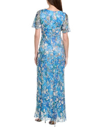 Adrianna Papell Flutter Sleeve Crinkle Foil Floral Gown